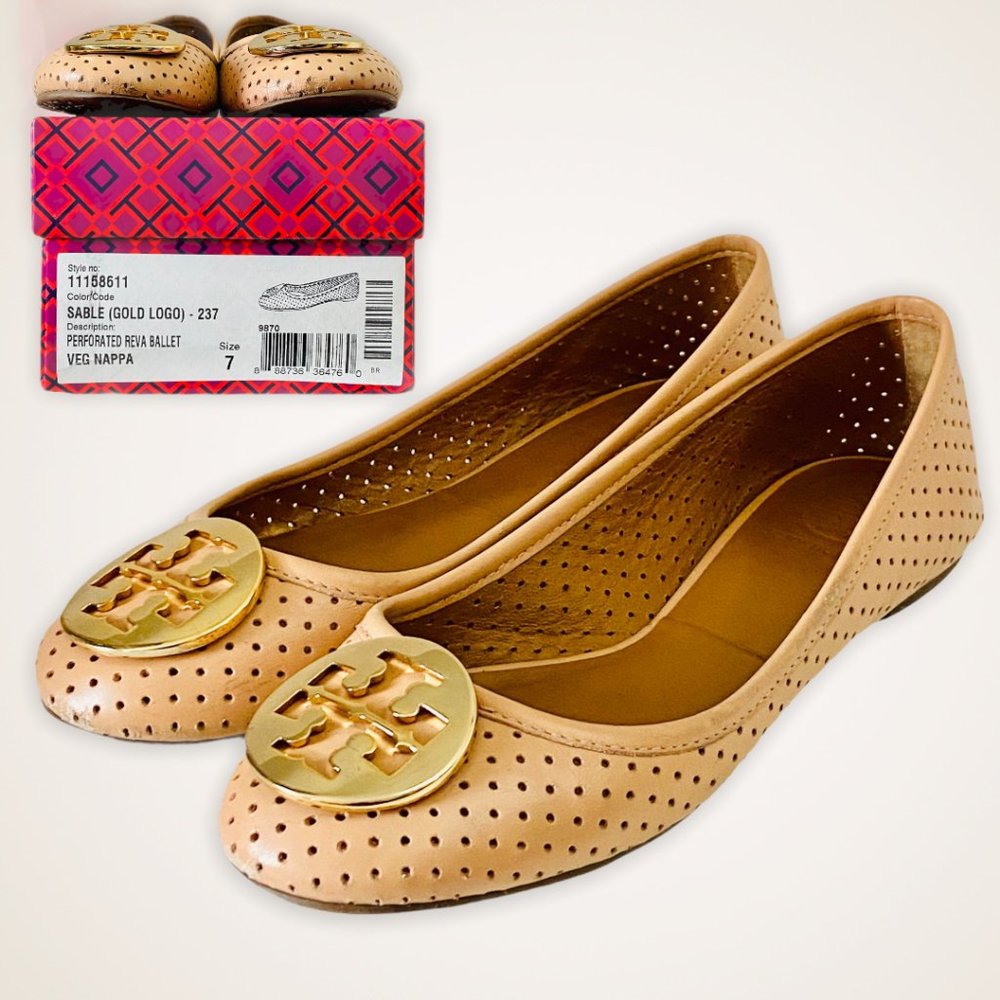 TORY BURCH • Perforated Sable Reva Flats + BOX